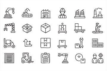 Fototapeta premium Industrial and Logistics Line Icons, Factory, Worker, Supply Chain, Production Set