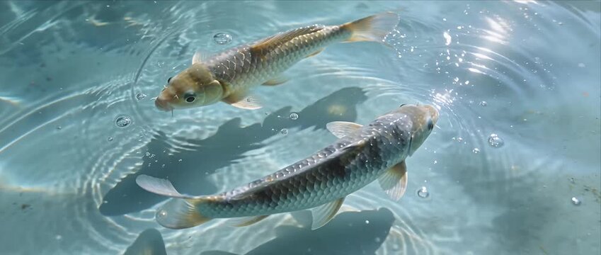 Zodiac koi fish pond water harmony peaceful nature calm silver koi swimming tranquil reflection circle ripple bright sunlight serene balance aquatic scene surface bubble pattern gentle design