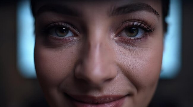 Captivating Close-up: Woman with Striking Green Eyes and a Subtle Smile, Exuding Intrigue and Confidence with a Direct Gaze
