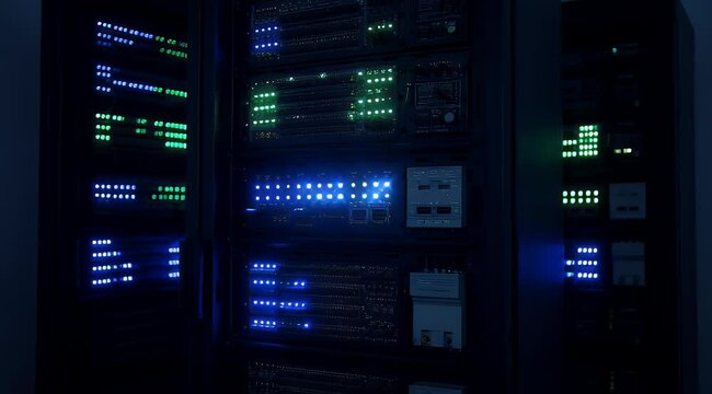 Server Rack with Blinking Blue and Green Indicator Lights in Dark Data Center, Symbolizing Digital Information and Network Technology