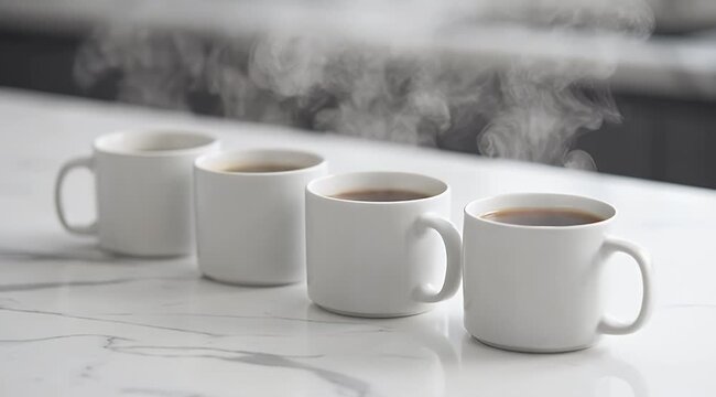 Four Steaming White Coffee Mugs in a Row on a Modern Marble Kitchen Countertop, Highlighting Warmth and Morning Ritual