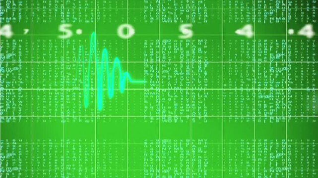 Digital heart rate monitor displaying a green EKG waveform with scrolling data and blurred numbers on a futuristic medical screen.
