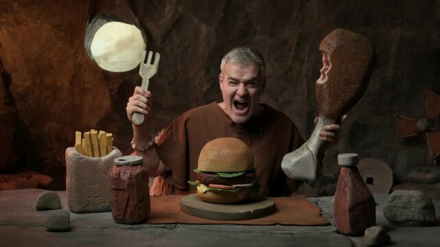 Happy excited prehistoric man having a tasty fast food meal in his cave: he is having a huge hamburger, a giant chicken leg, fries and a soft drink