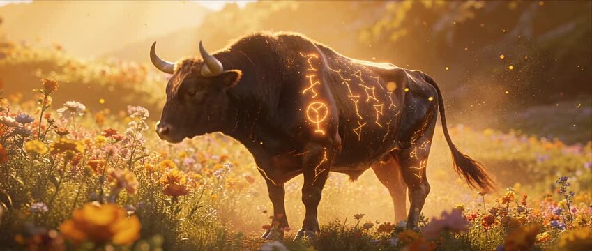 Glowing zodiac bull constellation symbol golden sunset meadow fantasy landscape magic animal art mystical energy spiritual nature scene walking through wildflower flower field with dreamy atmosphere