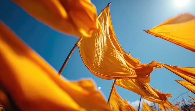 Nagar Kirtan flags waving dramatically in bright daylight