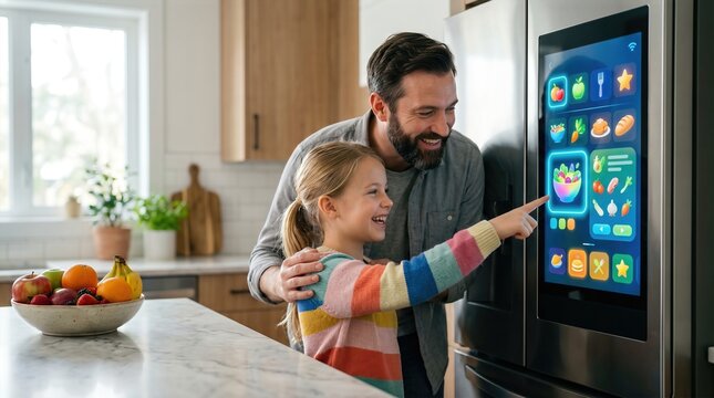 Father and daughter interacting with a smart refrigerator touchscreen in a modern kitchen, colorful fruits in a bowl on the counter, bright natural light streaming in