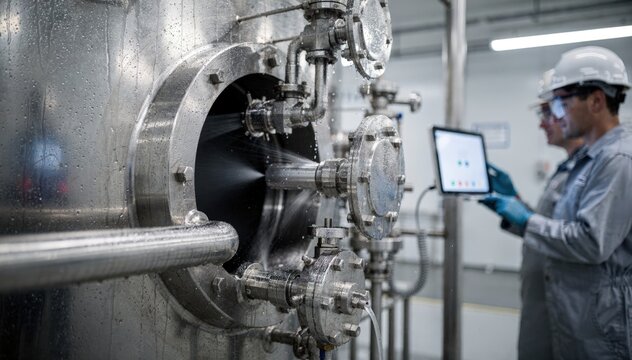 Closeup of a polymerization reactor undergoing CleaningInPlace CIP procedures with technicians monitoring automated systems and verifying internal cleanliness remotely.