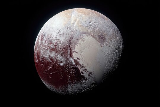 Distant dwarf planet showing various surface features including a bright heart-shaped region