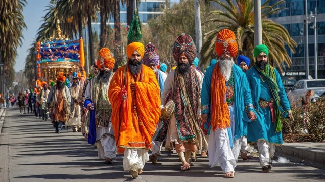 Nagar Kirtan procession moving through city streets during Vaisakhi