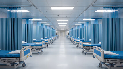 Obraz premium Empty Hospital Ward with Rows of Beds and Blue Curtains, Modern Healthcare Facility