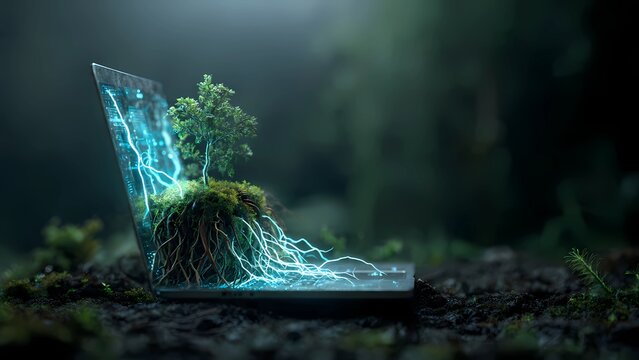 Digital data growing like plant roots from laptop blending technology and nature concept