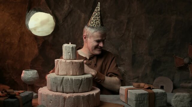 Cheerful happy prehistoric man celebrating his birthday in his cave, he blows the candle on a huge birthday cake