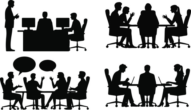 .Business people silhouette set featuring office meetings teamwork discussions and coworkers working at desks vector illustration isolated,