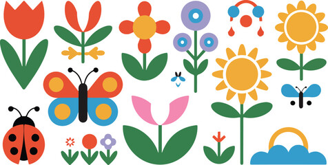 Colorful spring flower and insect set featuring butterflies ladybug rainbow and floral elements flat vector illustration isolated,. © Mehg