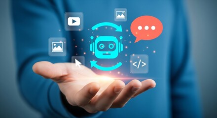 Obraz premium AI chatbot technology concept with icons and hand, digital communication