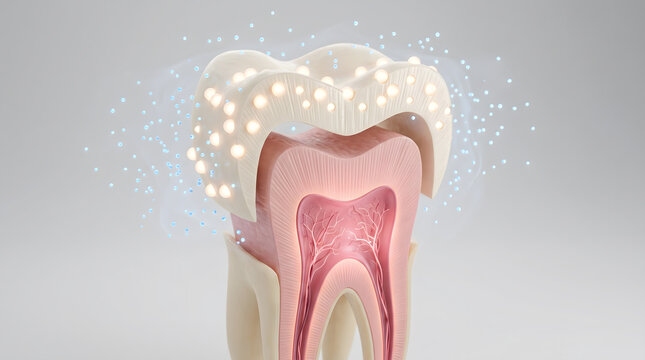 3D Tooth Cross Section Showing Enamel Dentin Pulp Root With White Glowing Particle