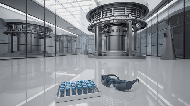 Futuristic laboratory with virtual reality headset and microchips