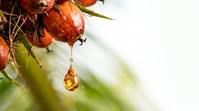 Palm Oil Droplet Falling from Ripe Palm Fruit on Tree Branch.