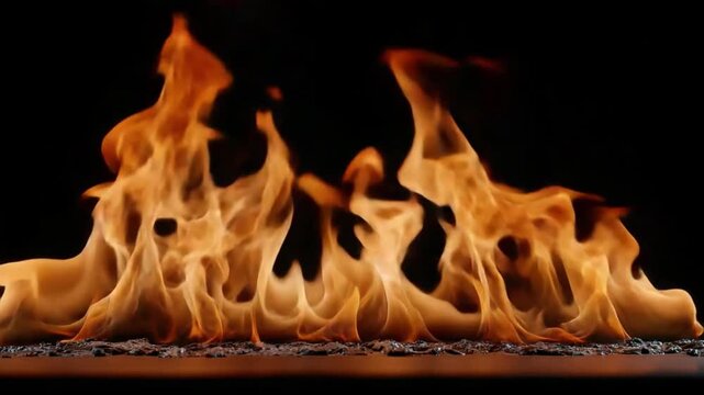 Blazing Flames in the Darkness: A vibrant dance of orange and red flames against a stark black backdrop, depicting the raw power of nature. 