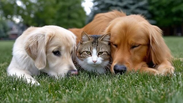 Harmony's Embrace: A tender moment unfolds as a golden retriever, a yellow labrador and a tabby cat find solace in a shared cuddle on the grass. A snapshot of unconditional connection and affection.