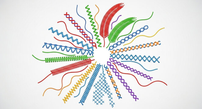 Colorful embroidery stitches arranged in a circle pattern.