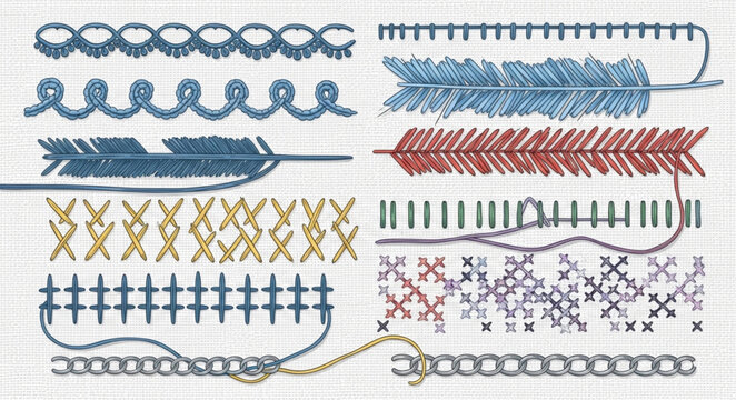 Collection of decorative embroidery stitches and patterns.
