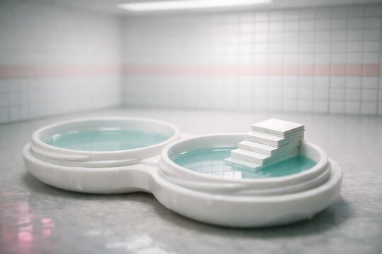 Tilt-shift macro miniature diorama. Liminal space aesthetic. Color palette: sterile white, pale aqua water reflection, flesh pink, shadow grey. The scene is an empty, tiled pool room with shallow stil