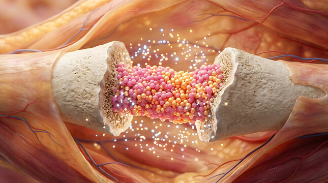 3D Bone Fracture Repair With Pink Orange Sphere Showing Bone Marrow Healing And Recovery