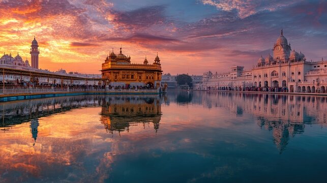Panoramic sunrise at the Golden Temple Amritsar on Vaisakhi morning, sacred pool reflecting crimson and amber light, pilgrims in white standing on marble ghats, mist hovering above water, 