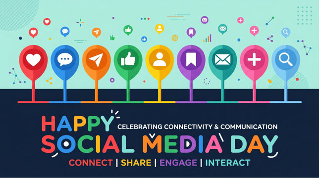 Social media day celebration concept with colorful communication icons network connectivity sharing engagement and interaction design for marketing banner and digital promotion use