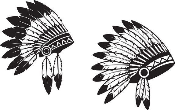 Two black and white illustrations of traditional native american war bonnets