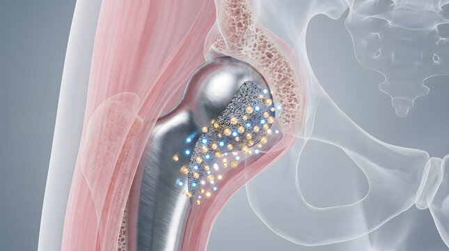 3D Hip Joint Replacement Implant In Anatomical Body With Blue Golden Particle Medical Science