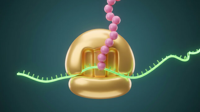 3D Golden Ribosome With Pink mRNA Bead And Green RNA Strand Showing Protein Synthesis