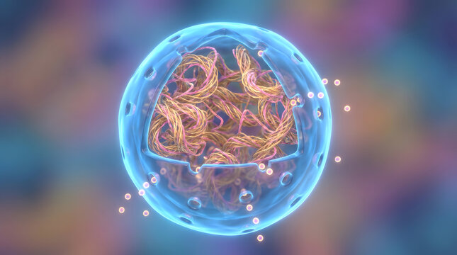 3D blue cell nucleus chromatin DNA strand biology science medical research render