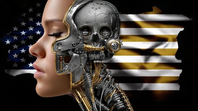 Humanity and the Machine: A thought-provoking composition juxtaposes a human portrait with robotic components, set against a backdrop suggesting concepts of technology and nation. 