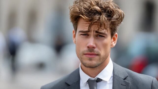 Suave Executive in a Cityscape: A handsome executive, exuding confidence, poses against a blurred cityscape, his gaze capturing both sophistication and a hint of vulnerability.