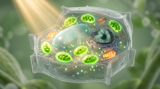 3D plant cell wall chloroplast vacuole nucleus mitochondria sunlight nature biology science