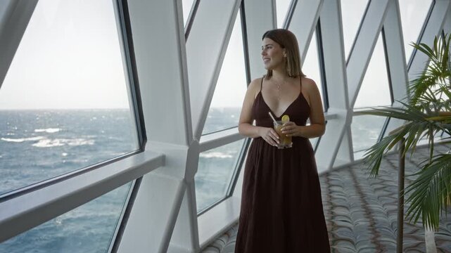 Young woman holding cocktail with cleavage visible at cruise ship deck rail, looking out to sea; relaxation.