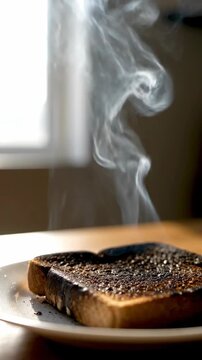 Burnt toast on plate with smoke indoors, illustrating kitchen failure and cooking mishap.