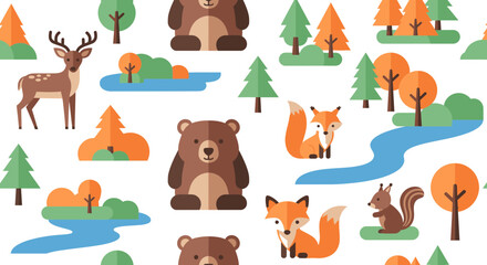Obraz premium Seamless Forest Animal Pattern Vector Illustration Featuring Cute Woodland Creatures Like Bears Deer Foxes and Squirrels in a Flat Graphic Style for Kids Textile Design