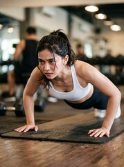 Fototapeta premium Young woman doing push-ups in a gym, focused on fitness and strength training