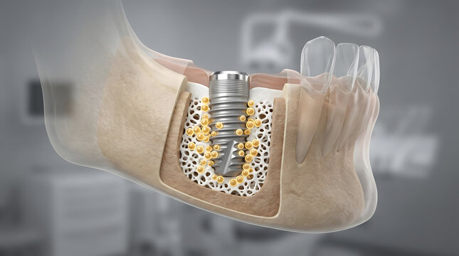 3D dental implant jawbone cross section gold particle osseointegration biology science medical