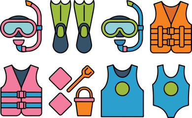Summer beach and water sports icon set featuring snorkeling gear life jackets and sand toys vector illustration isolated, © Mehg