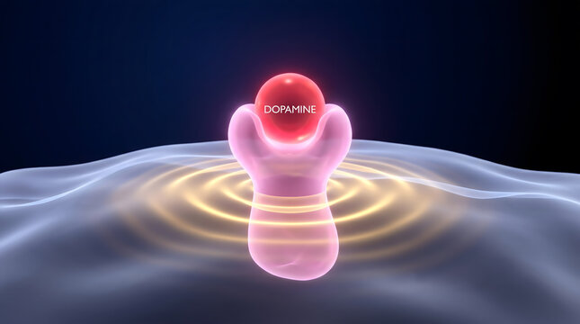3D dopamine receptor protein neurotransmitter red sphere golden ripple dark biology science