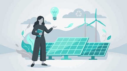 Woman presenting renewable energy solutions with solar panels and wind turbines © Zigmate