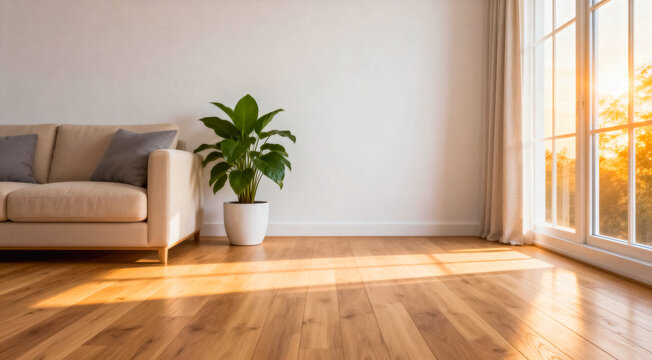 Sunlit Living Room with Wooden Floors and Plants