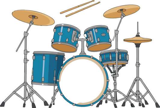 Professional blue drum kit set with bass drum toms snare cymbals and drumsticks flat vector illustration isolated,
