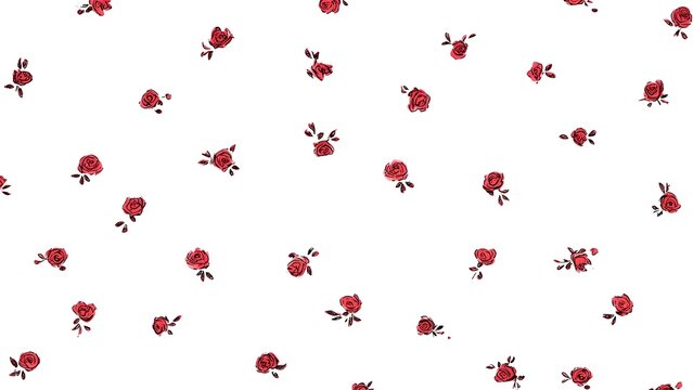 Seamless repeat of small red roses scattered across a white background