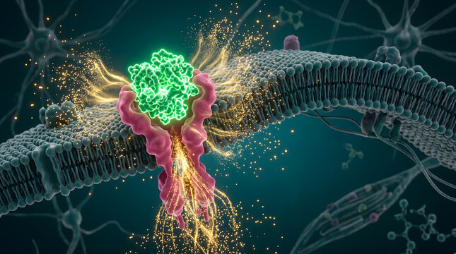 3D receptor protein activation cell membrane green gold particle signal biology science