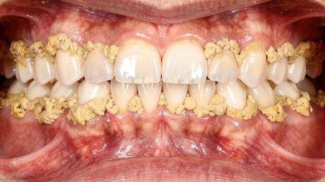 Severe Tartar Buildup and Gum Disease on Teeth Poor Oral Hygiene Close Up